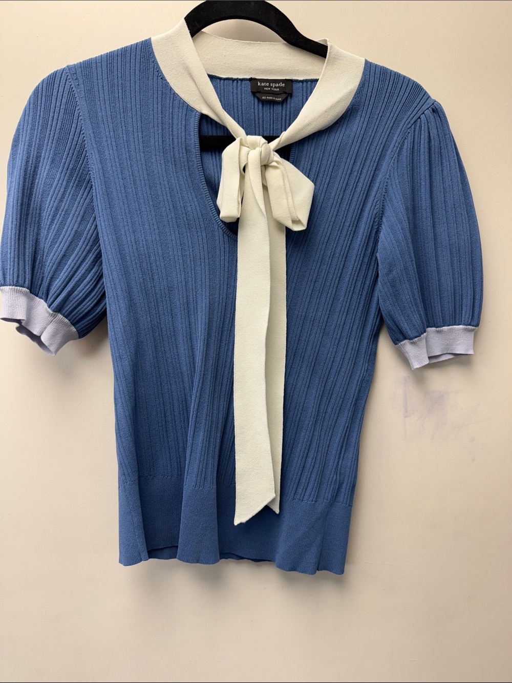 kate spade Blue Knit Short-Sleeve Tie-Neck Top with Cream Bow